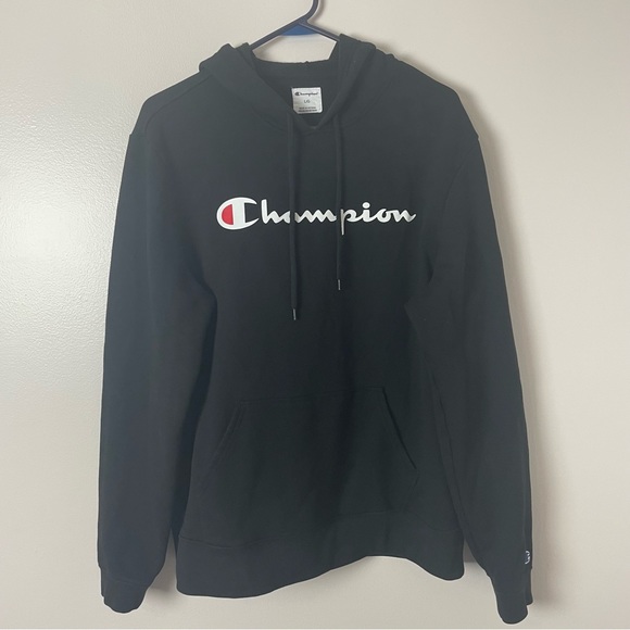 Champion Sweatshirt Hooded Front Pocket Long Sleeves Black Large - Picture 2 of 11